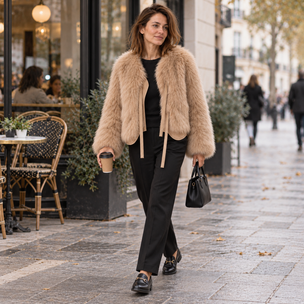 Abrigo de Pelo Sintético Corto para Mujer | Chaquetón Efecto Zorro con Cordón