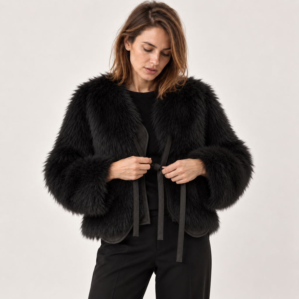Abrigo de Pelo Sintético Corto para Mujer | Chaquetón Efecto Zorro con Cordón