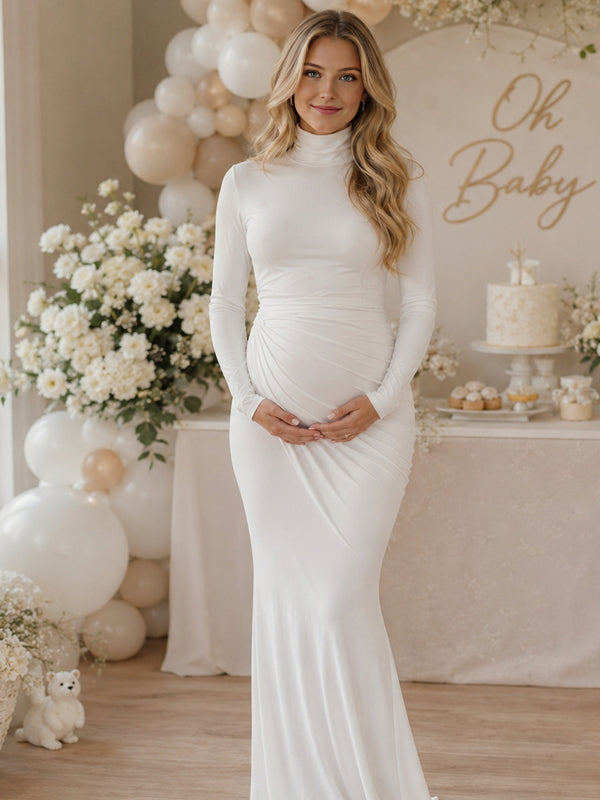 Vestido Premamá Maxi de Cuello Alto Fruncido para Baby Shower
