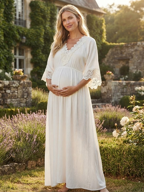 Vestido Premamá Maxi Blanco de Encaje con Escote V Profundo para Sesión de Fotos