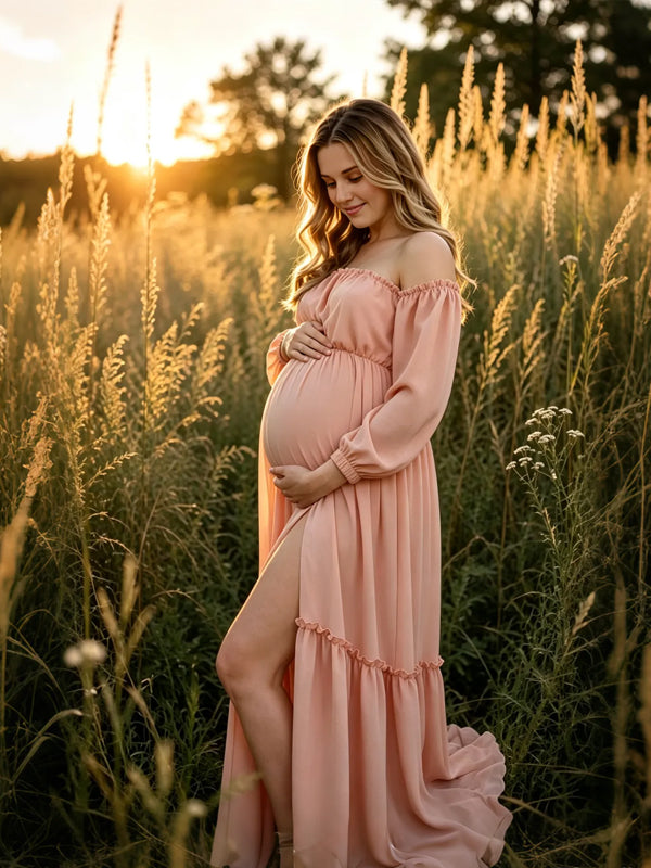 Vestido Premamá Rosa con Hombros Descubiertos y Abertura Lateral