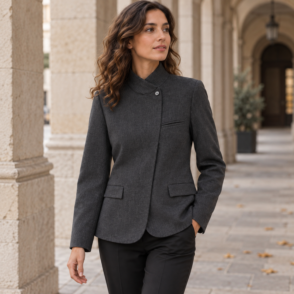 Blazer Asimétrico Gris para Mujer | Chaqueta Entallada de Manga Larga