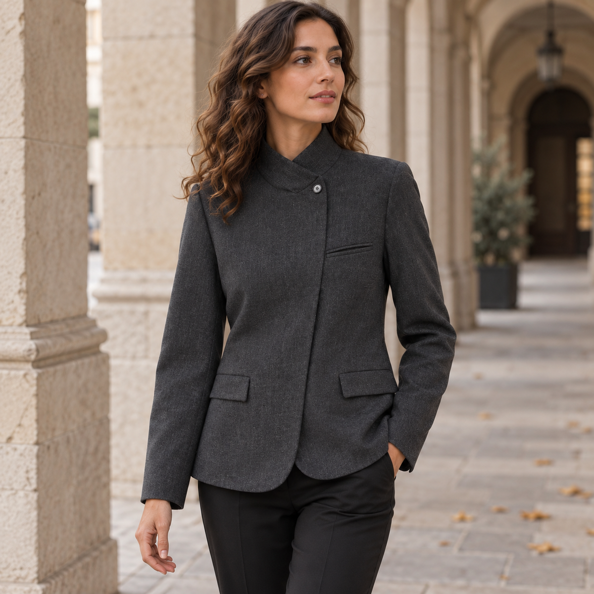 Blazer Asimétrico Gris para Mujer | Chaqueta Entallada de Manga Larga