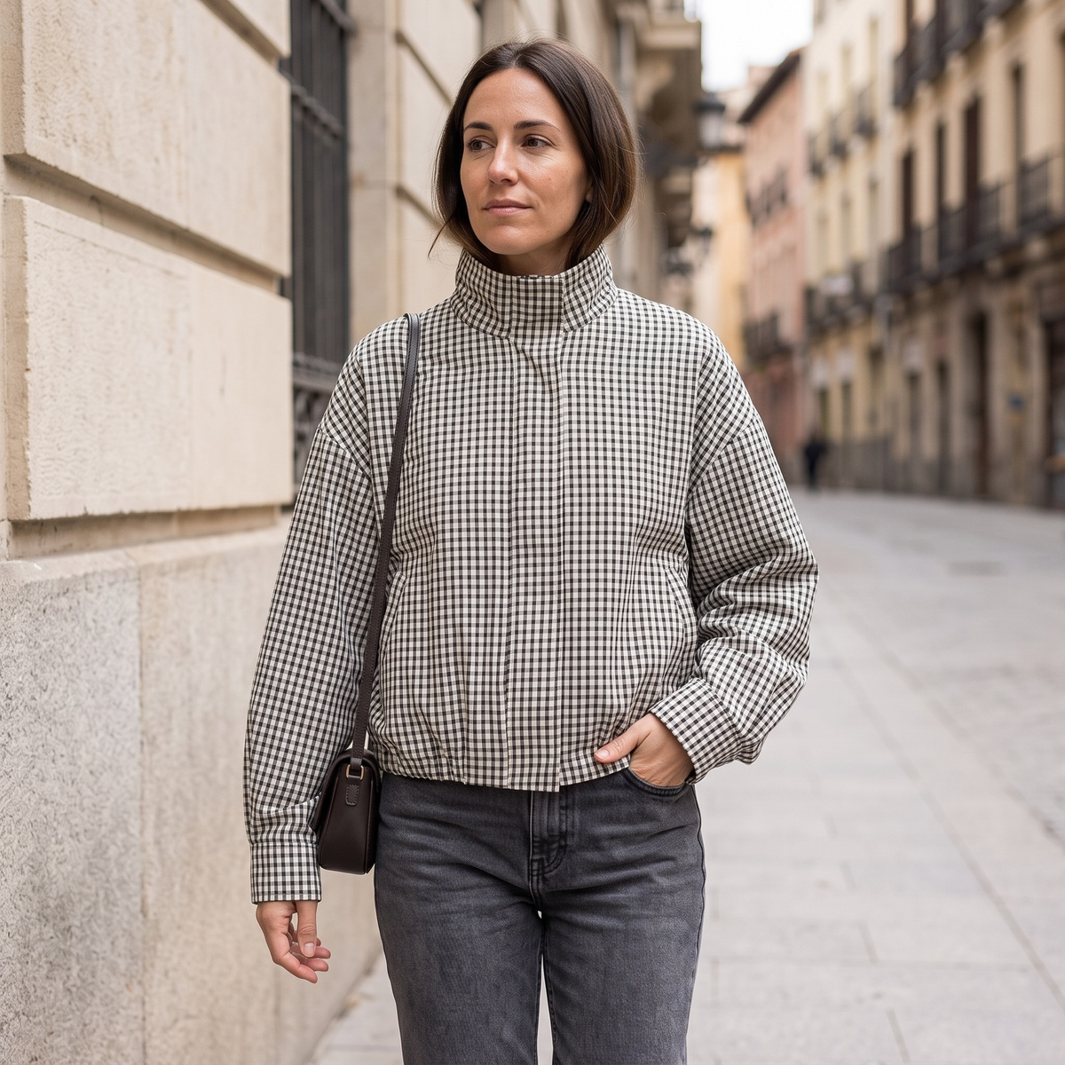 Chaqueta Bomber de Cuadros para Mujer | Oversize Crop de Manga Larga