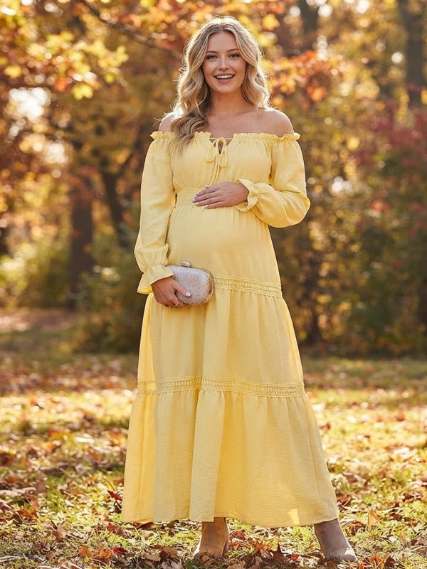 Vestido Premamá Maxi Amarillo con Hombros Descubiertos y Nido de Abeja