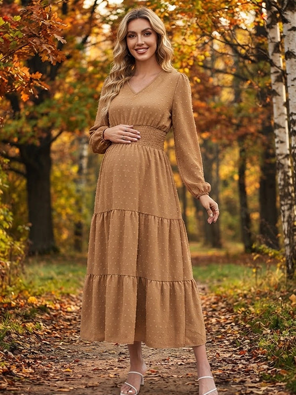 Vestido Premamá Midi Elegante con Volantes y Nido de Abeja para Sesión de Fotos