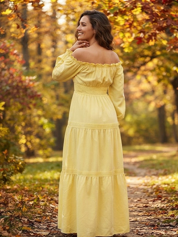 Vestido Premamá Maxi Amarillo con Hombros Descubiertos y Nido de Abeja