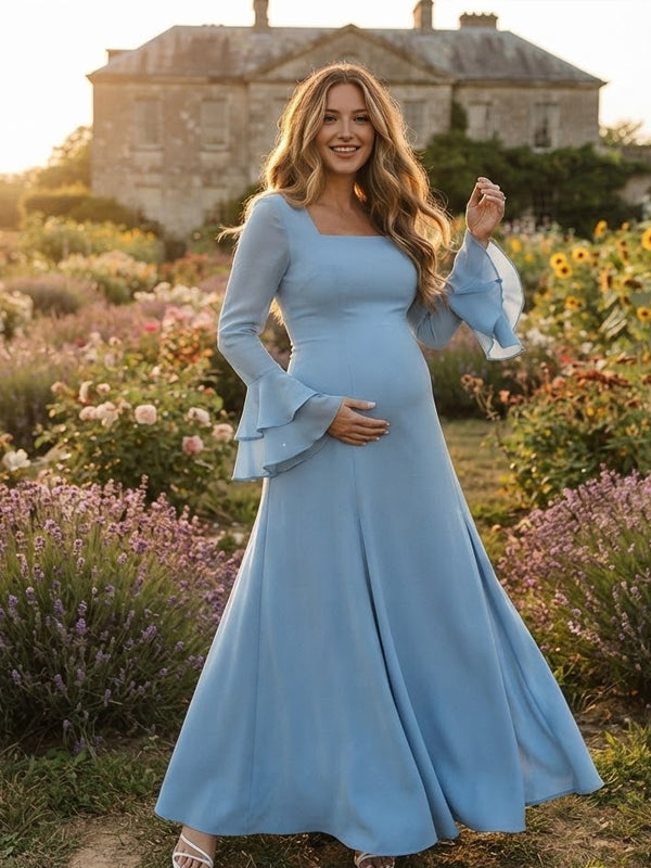 Vestido Premamá Maxi Elegante con Volantes y Manga Acampanada