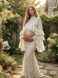 Top Premamá Blanco Roto con Volantes, Transparencias y Manga Acampanada