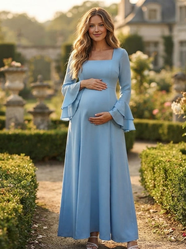 Vestido Premamá Maxi Elegante con Volantes y Manga Acampanada
