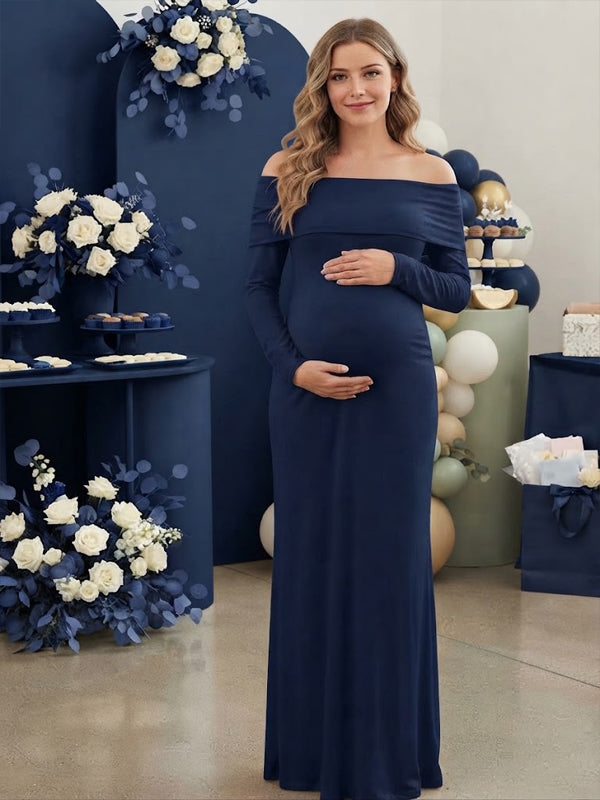 Vestido Premamá Maxi con Hombros Descubiertos, Abertura y Espalda Descubierta
