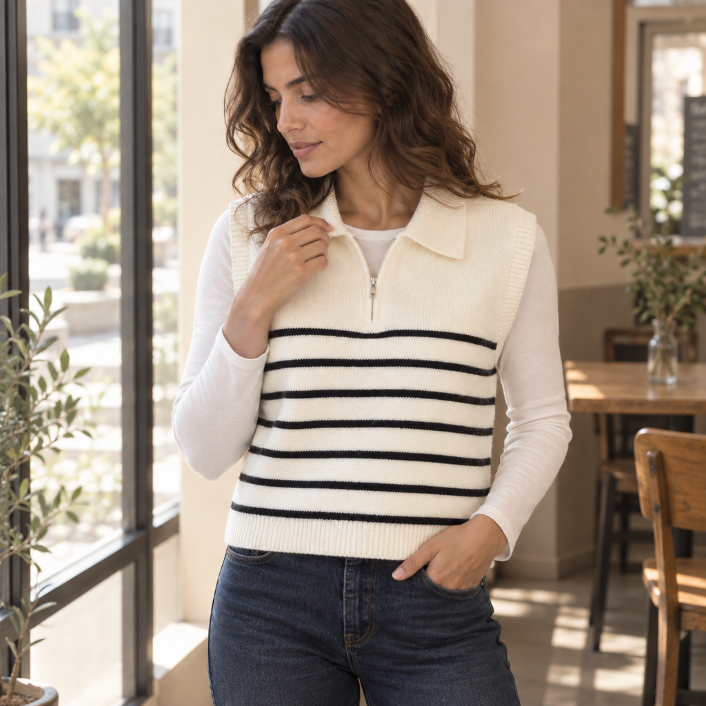 Chaleco de Punto a Rayas para Mujer | Cuello Solapa