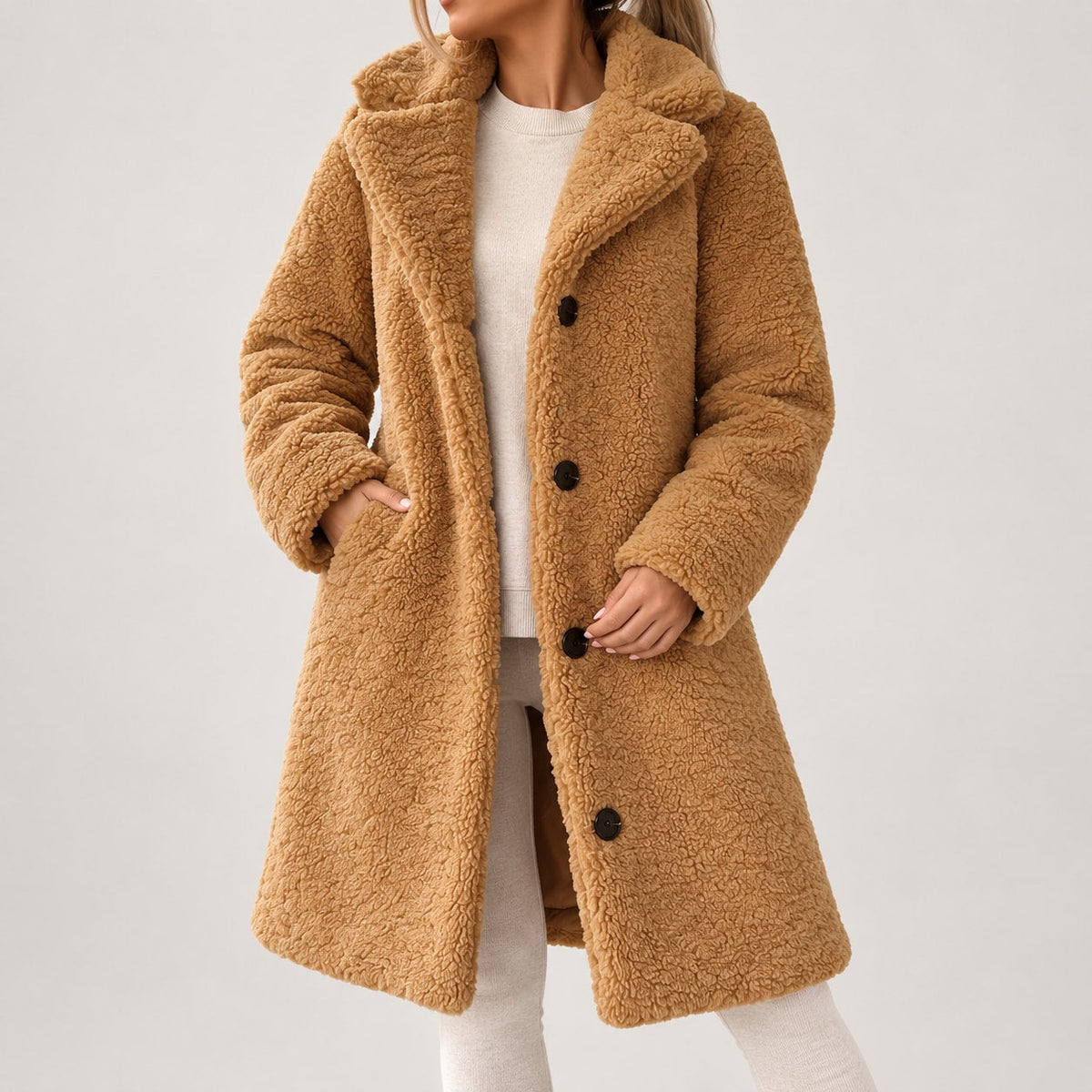 Abrigo de Borreguito para Mujer | Abrigo Teddy Largo con Solapa y Botones
