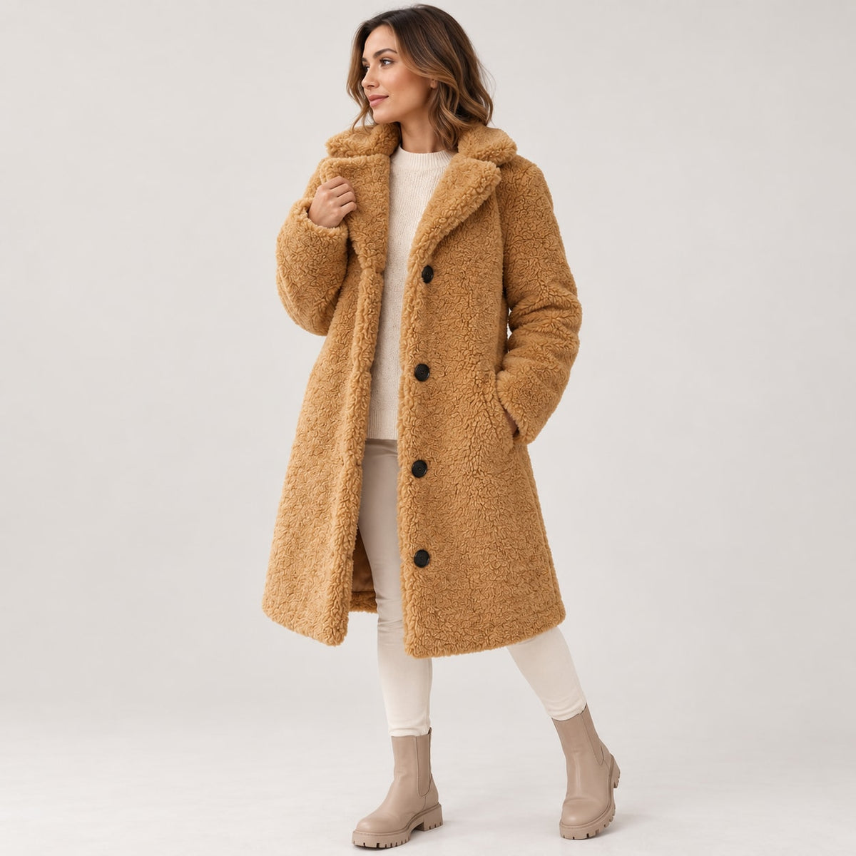 Abrigo de Borreguito para Mujer | Abrigo Teddy Largo con Solapa y Botones