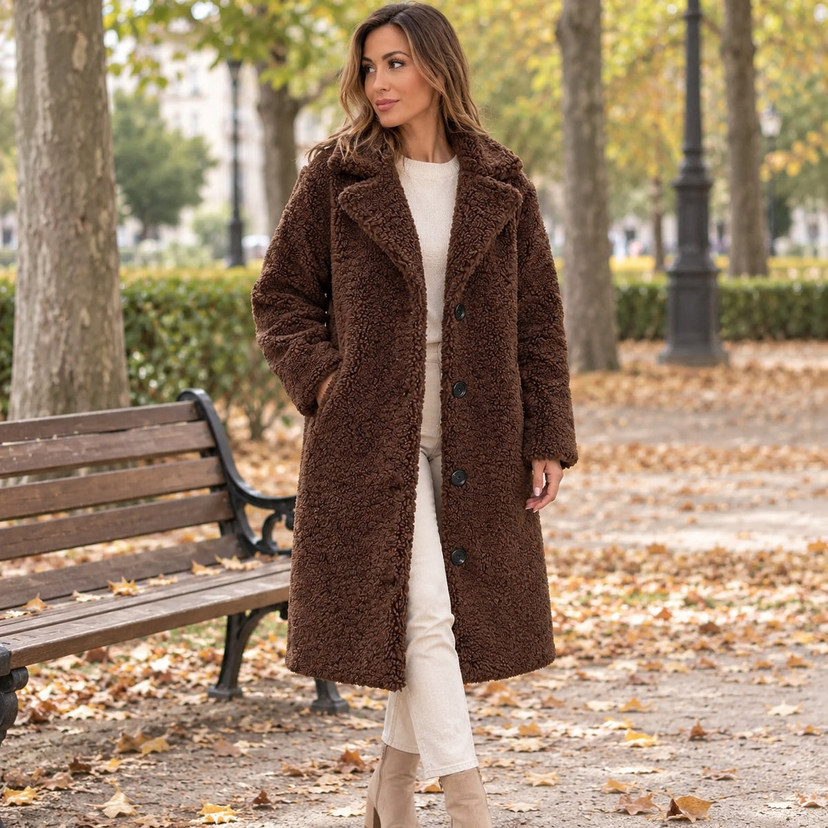 Abrigo de Borreguito para Mujer | Abrigo Teddy Largo con Solapa y Botones