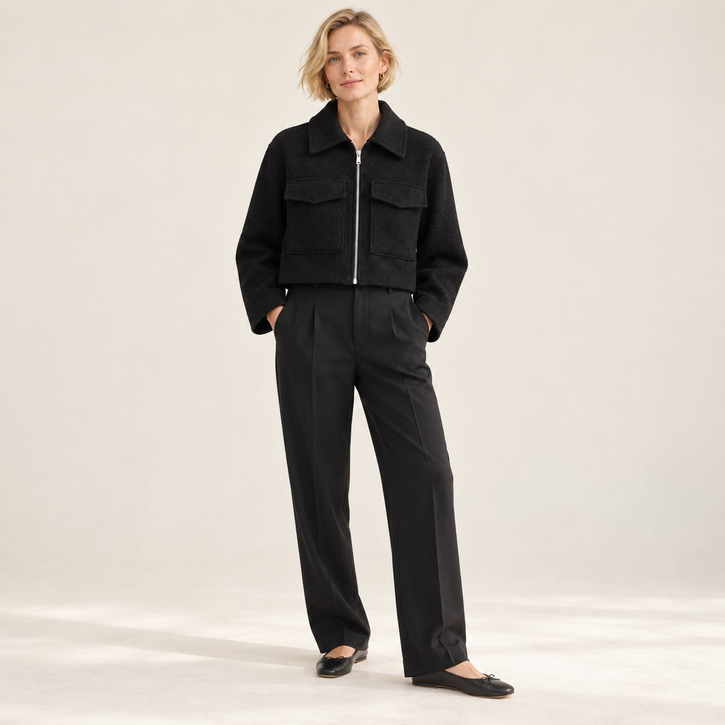 Chaqueta Corta Efecto Lana para Mujer | Cazadora Bouclé con Cremallera y Bolsillos
