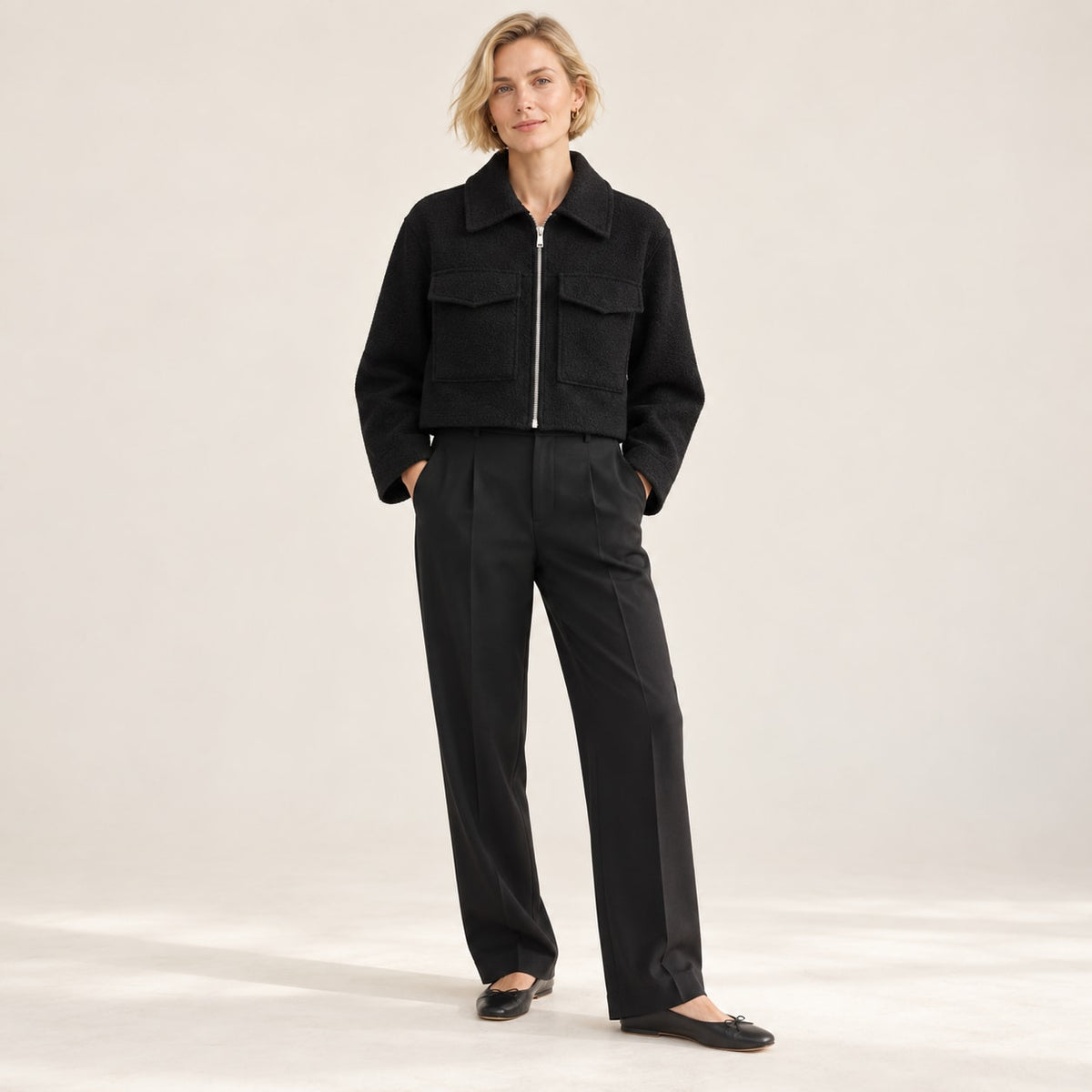 Chaqueta Corta Efecto Lana para Mujer | Cazadora Bouclé con Cremallera y Bolsillos
