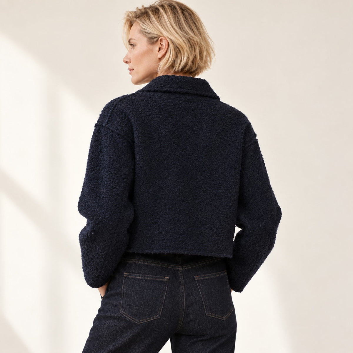 Chaqueta Corta Efecto Lana para Mujer | Cazadora Bouclé con Cremallera y Bolsillos