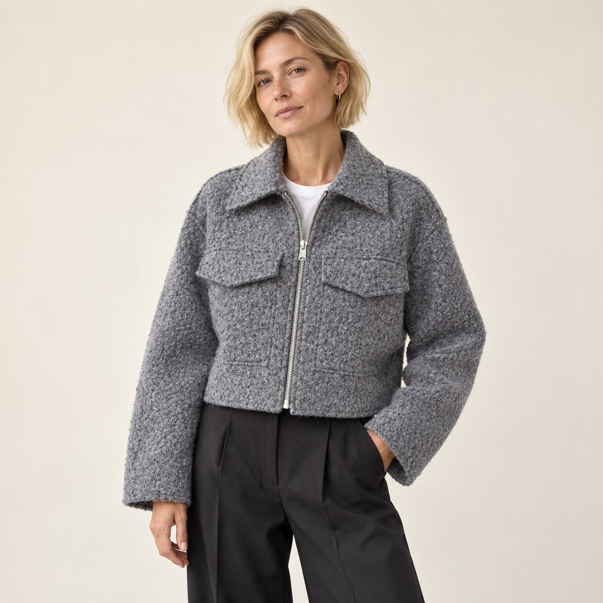 Chaqueta Corta Efecto Lana para Mujer | Cazadora Bouclé con Cremallera y Bolsillos