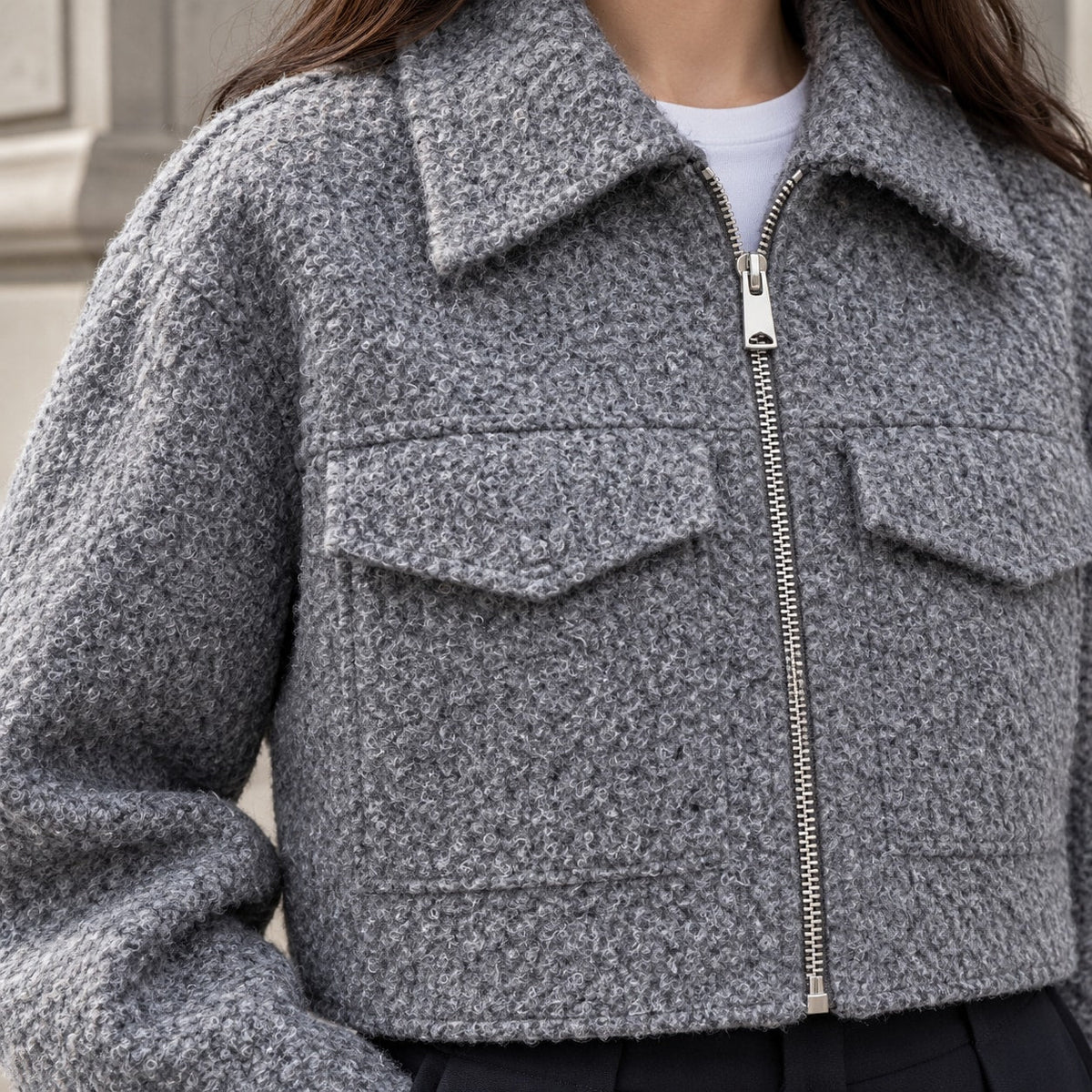 Chaqueta Corta Efecto Lana para Mujer | Cazadora Bouclé con Cremallera y Bolsillos
