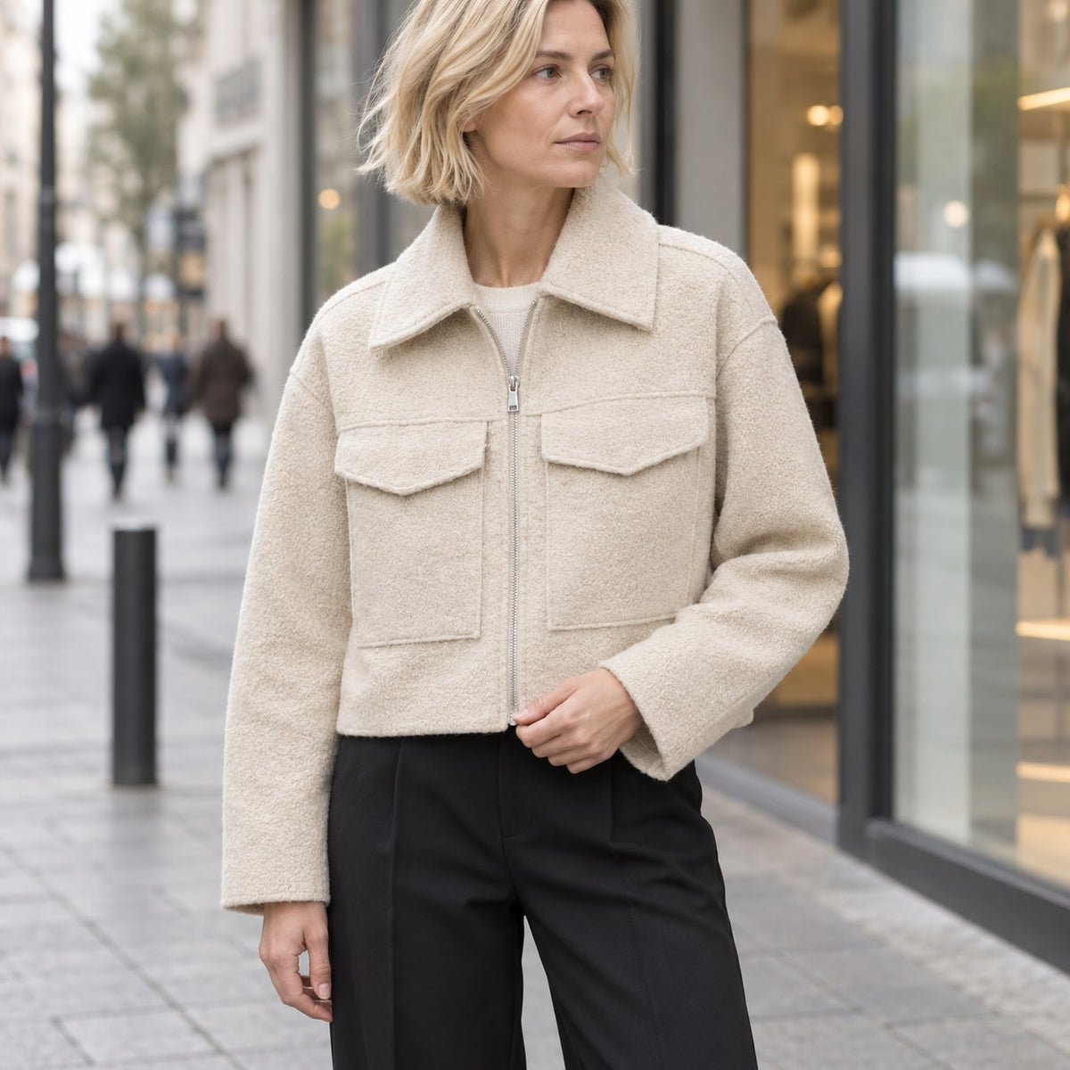 Chaqueta Corta Efecto Lana para Mujer | Cazadora Bouclé con Cremallera y Bolsillos
