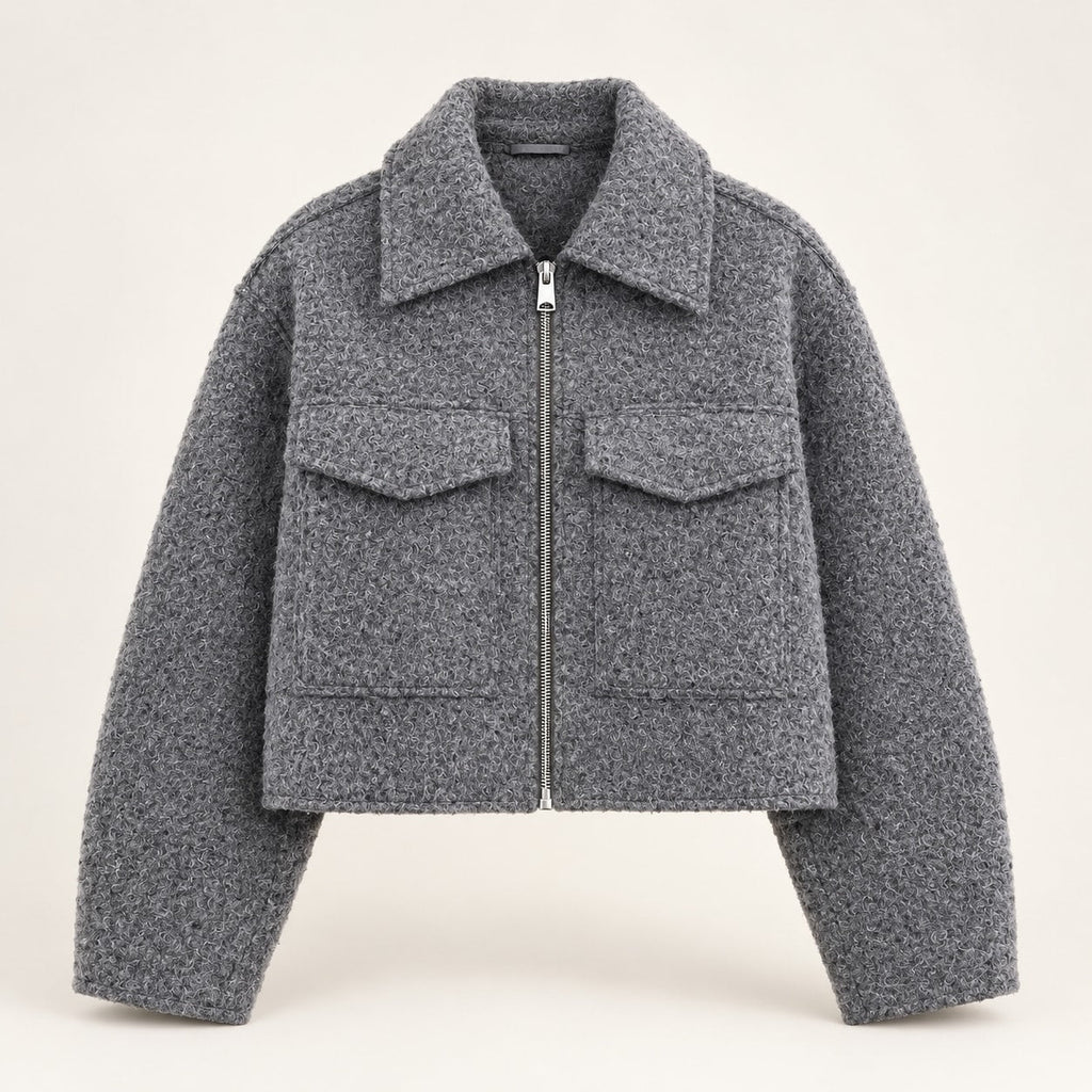 Chaqueta Corta Efecto Lana para Mujer | Cazadora Bouclé con Cremallera y Bolsillos