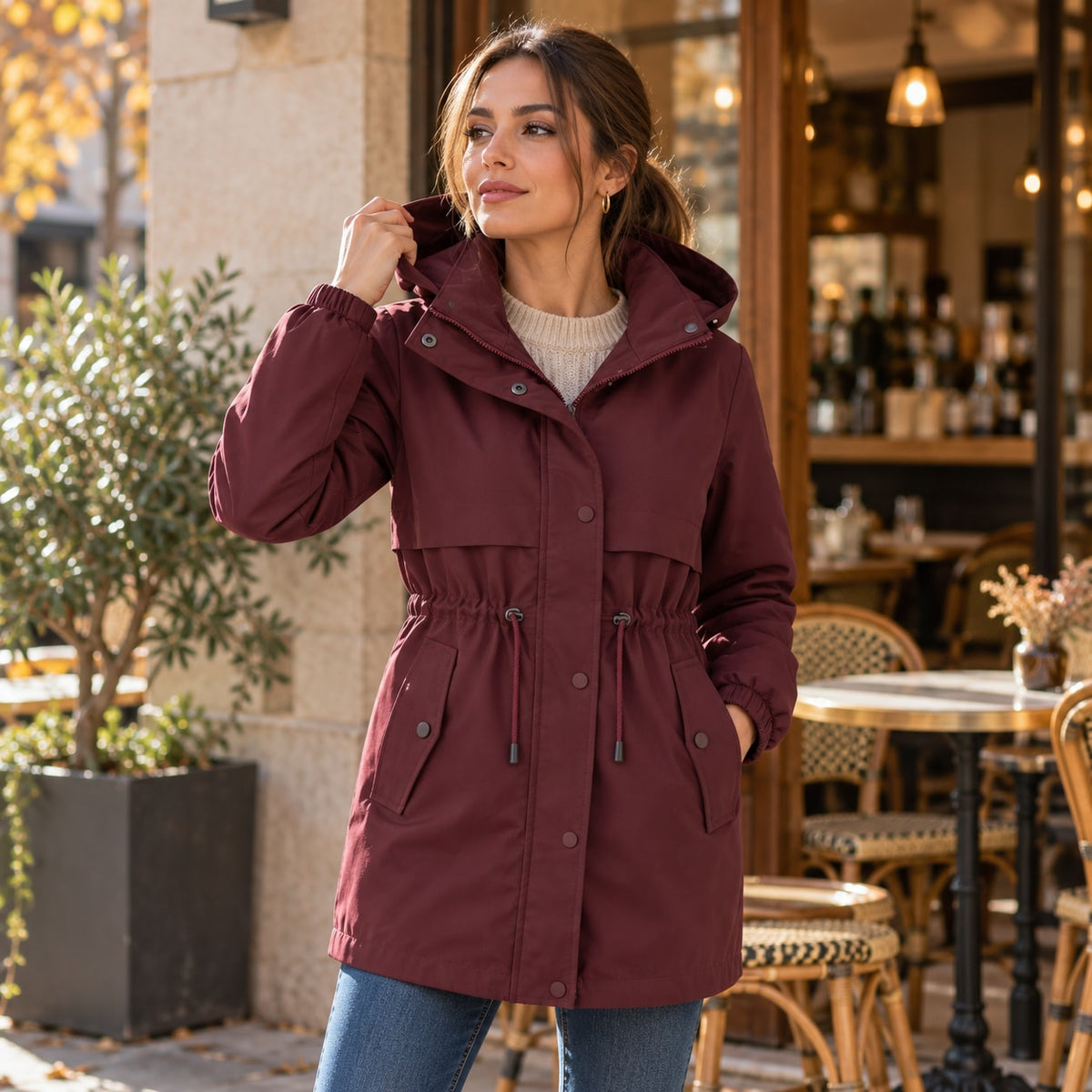 Parka con Capucha para Mujer | Chaqueta de Entretiempo con Cintura Ajustable