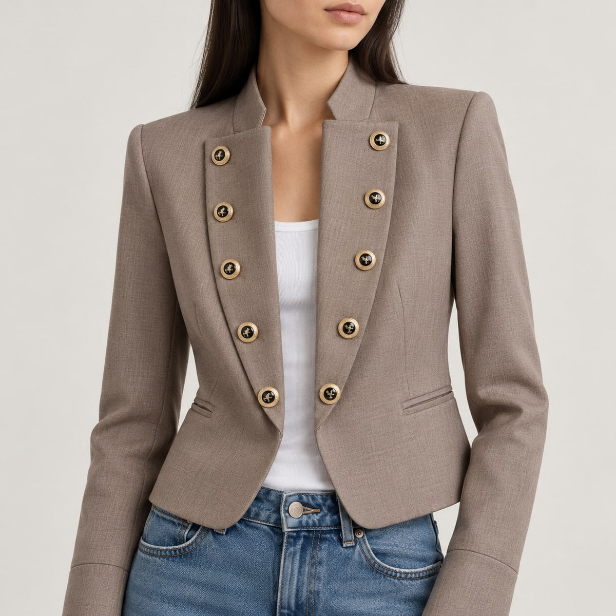 Blazer Militar para Mujer | Chaqueta Corta Entallada con Botones Dorados