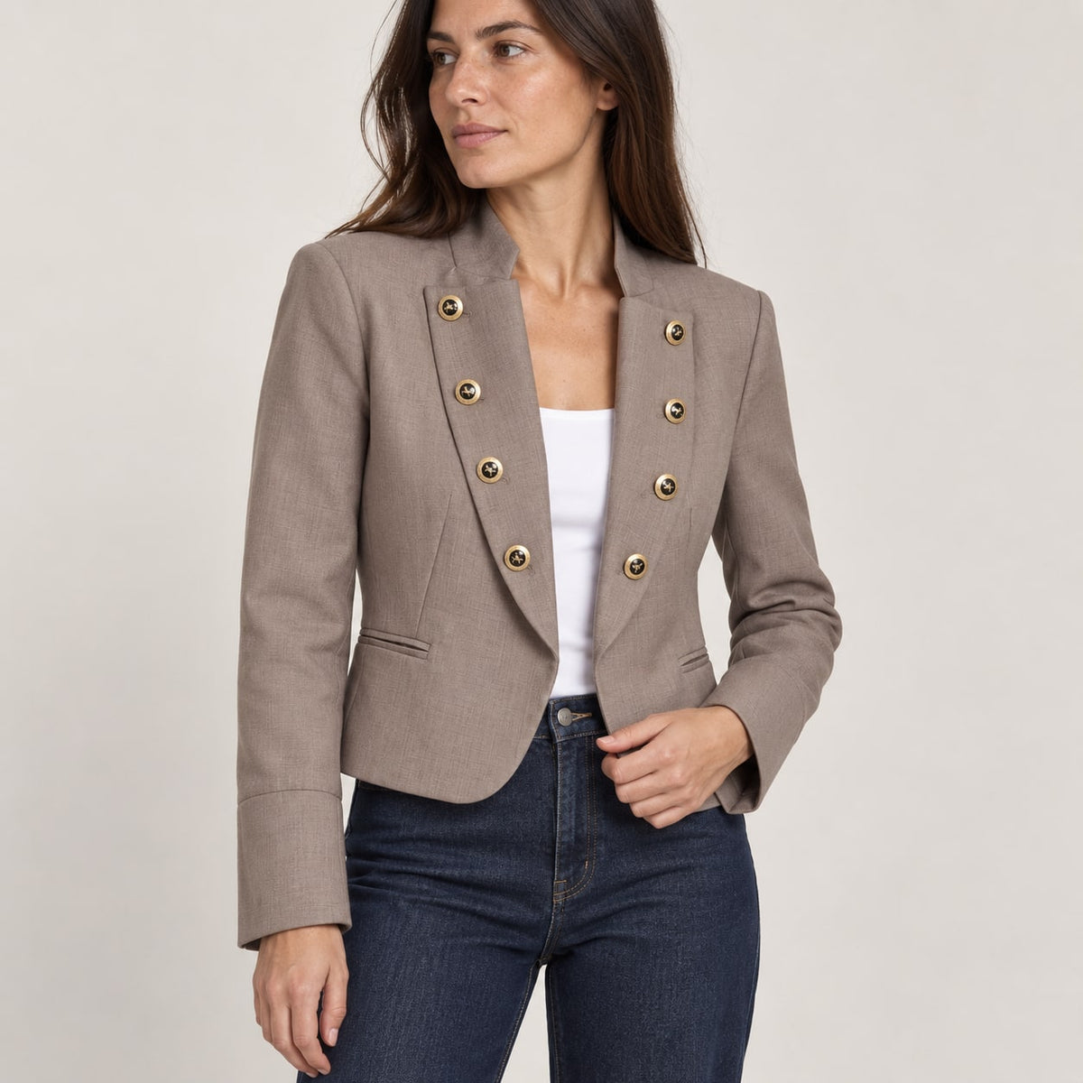 Blazer Militar para Mujer | Chaqueta Corta Entallada con Botones Dorados