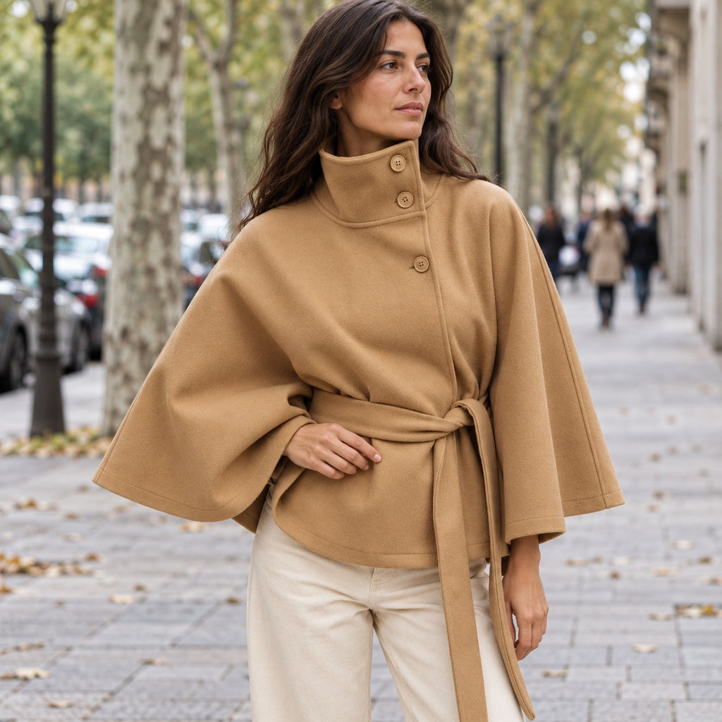 Abrigo Capa para Mujer | Capa de Paño con Cuello Alto y Cinturón