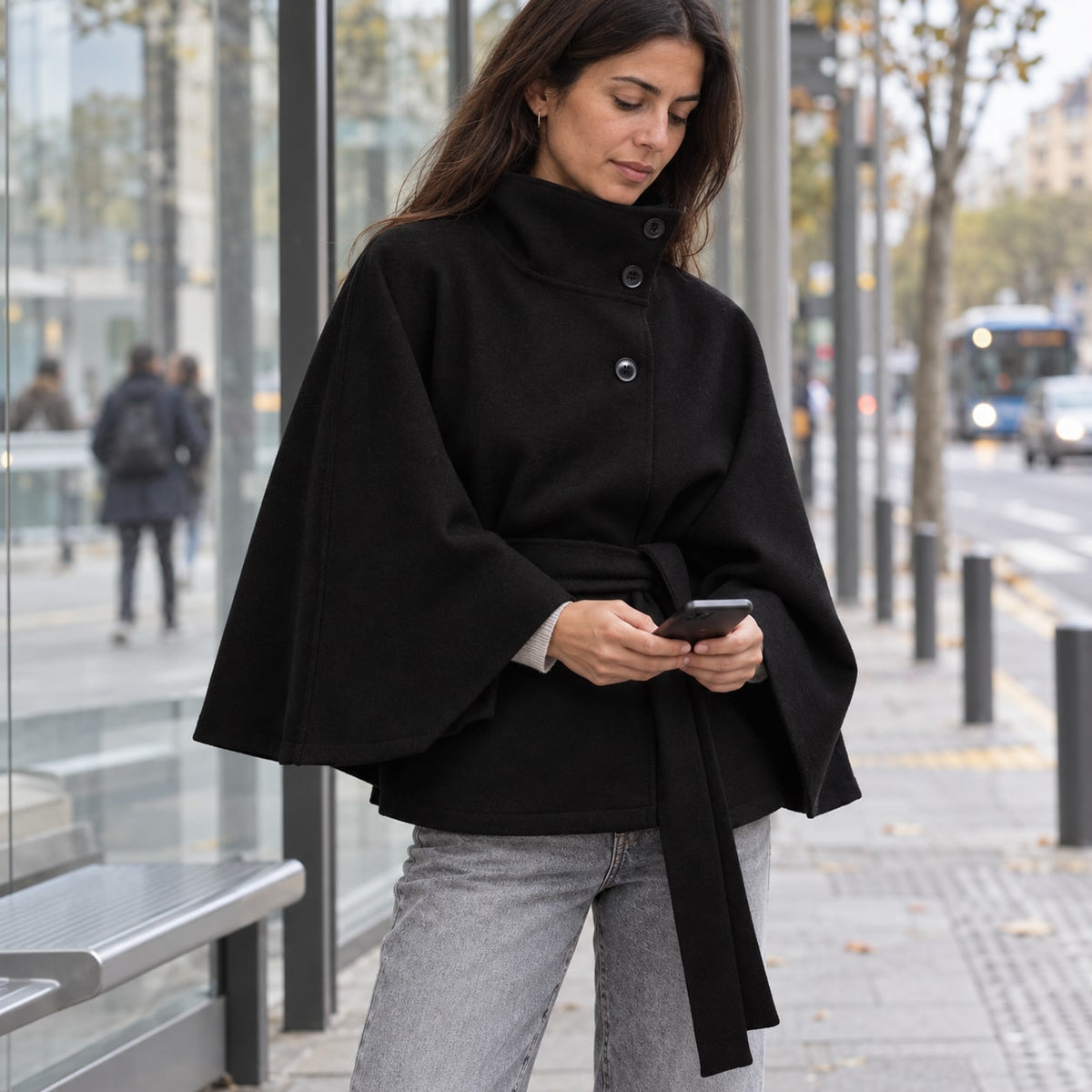 Abrigo Capa para Mujer | Capa de Paño con Cuello Alto y Cinturón