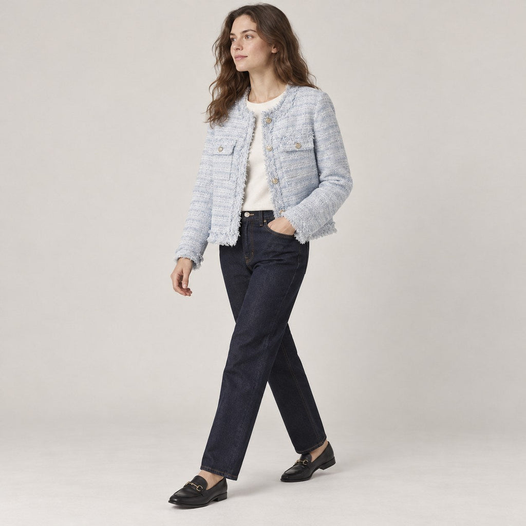 Chaqueta Tweed con Flecos para Mujer | Chaqueta Corta con Botones Dorados