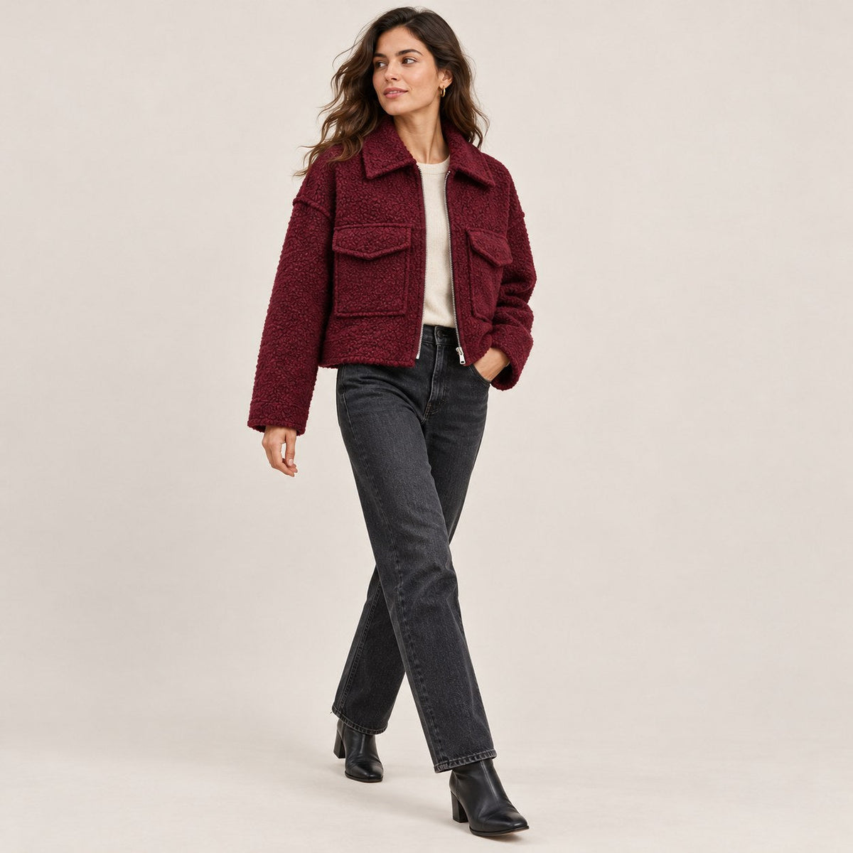 Chaqueta Corta Efecto Lana para Mujer | Cazadora Bouclé con Cremallera y Bolsillos