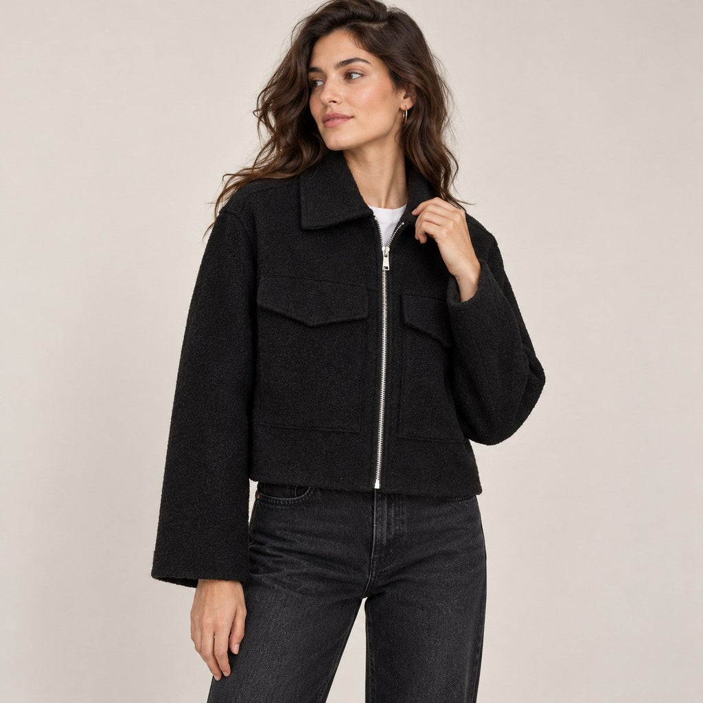 Chaqueta Corta Efecto Lana para Mujer | Cazadora Bouclé con Cremallera y Bolsillos