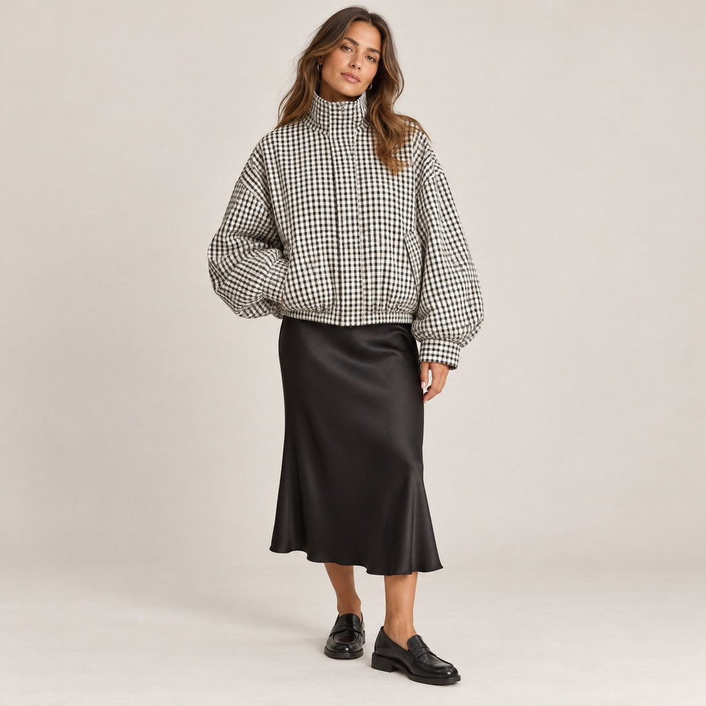 Chaqueta Bomber de Cuadros para Mujer | Oversize Crop de Manga Larga