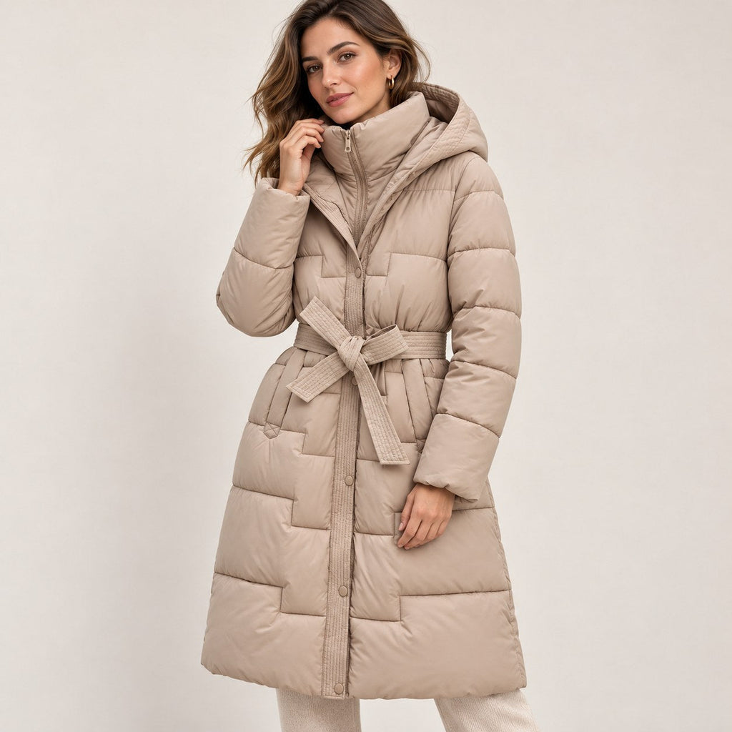 Abrigo Largo Acolchado con Capucha y Cinturón para Mujer | Cálido de Invierno