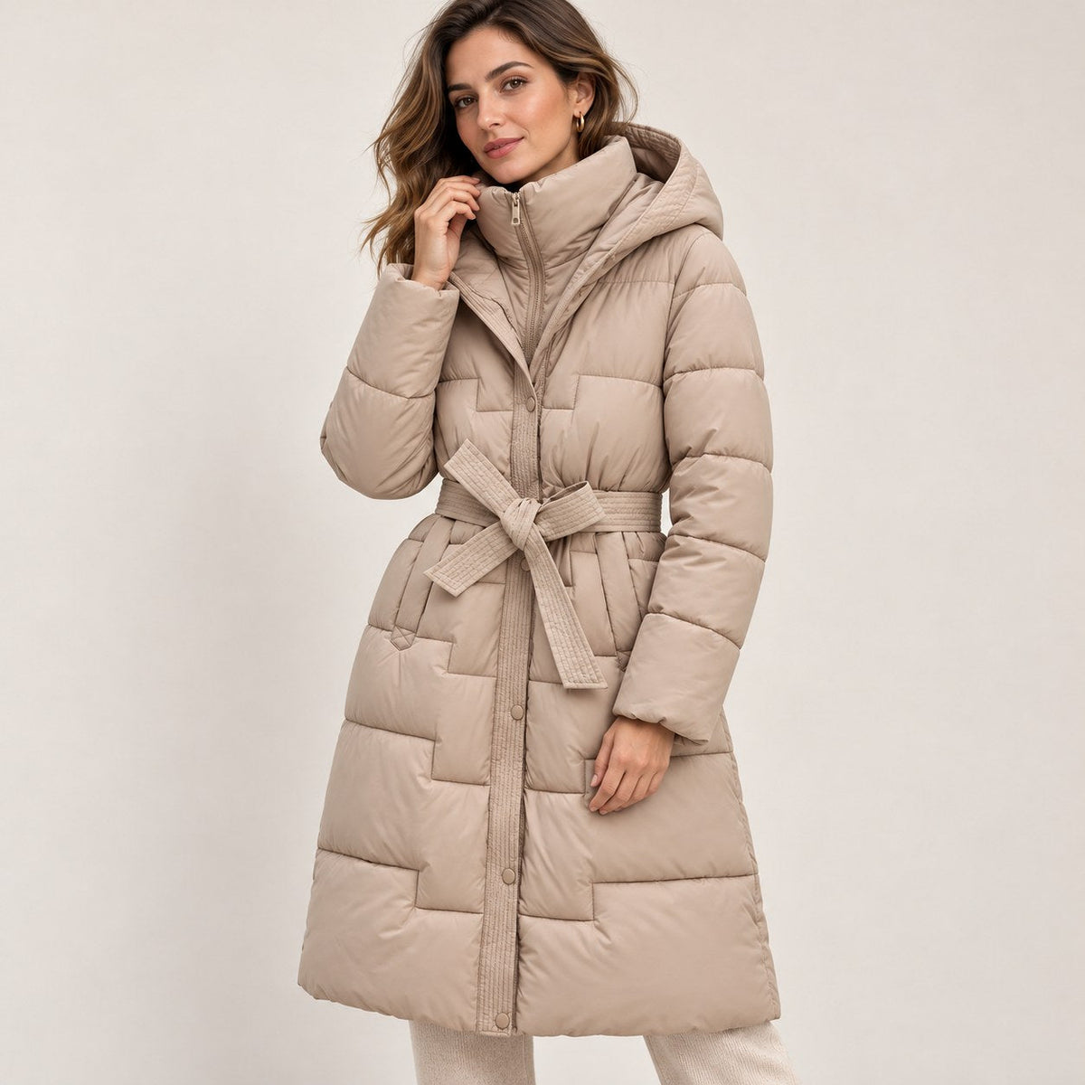 Abrigo Largo Acolchado con Capucha y Cinturón para Mujer | Cálido de Invierno
