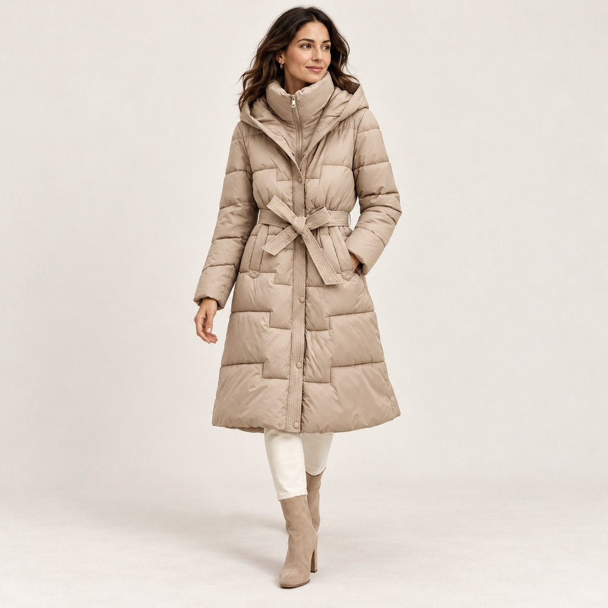 Abrigo Largo Acolchado con Capucha y Cinturón para Mujer | Cálido de Invierno