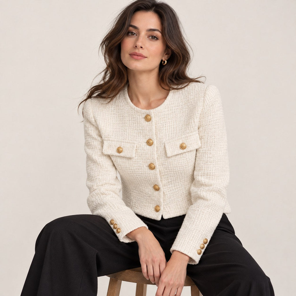 Chaqueta Tweed para Mujer | Chaqueta Corta Entallada con Botones Dorados