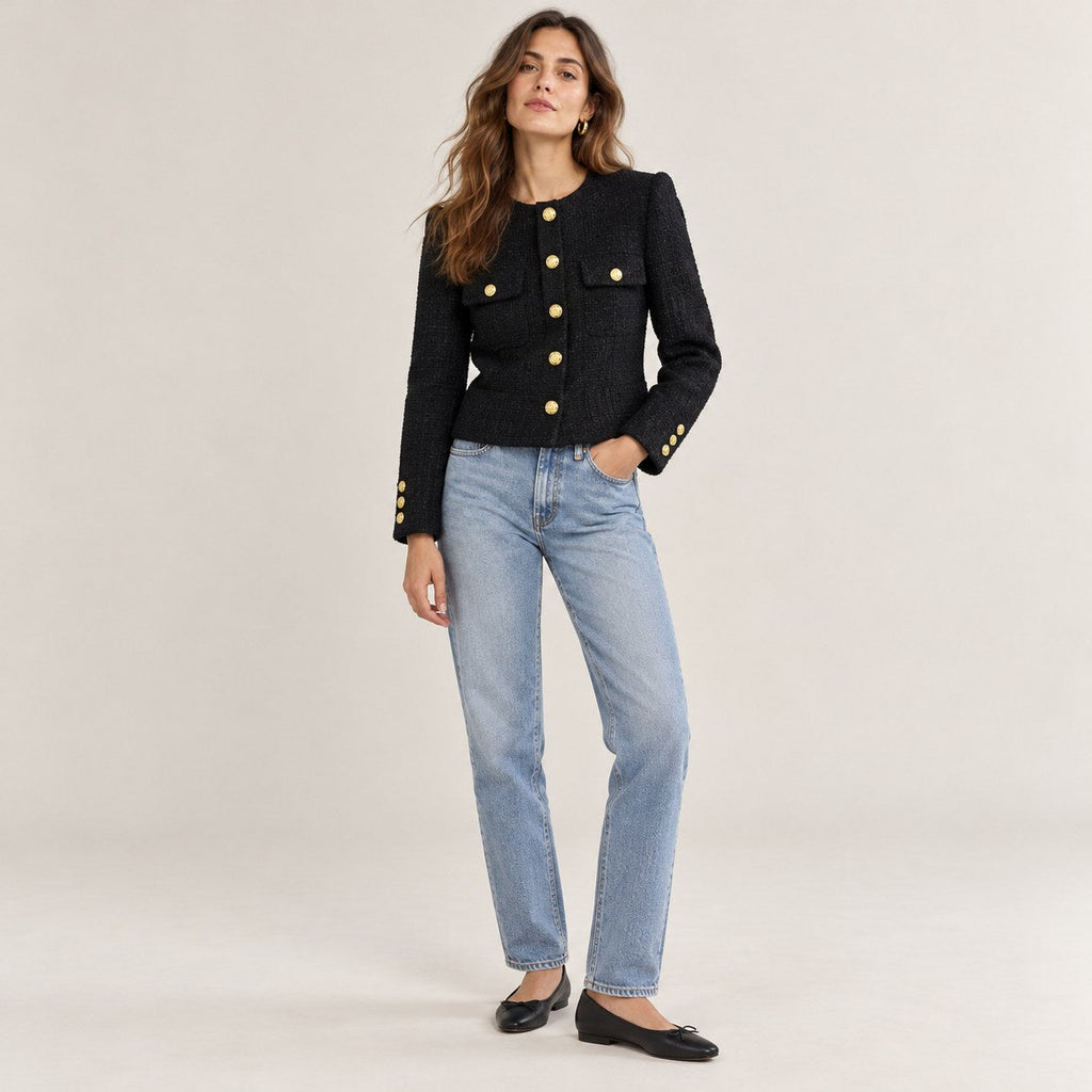 Chaqueta Tweed para Mujer | Chaqueta Corta Entallada con Botones Dorados