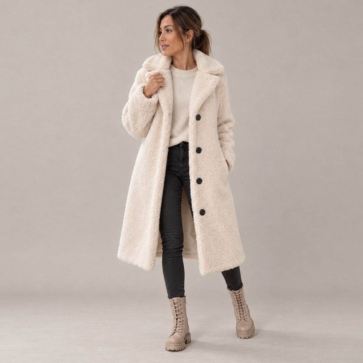 Abrigo de Borreguito para Mujer | Abrigo Teddy Largo con Solapa y Botones