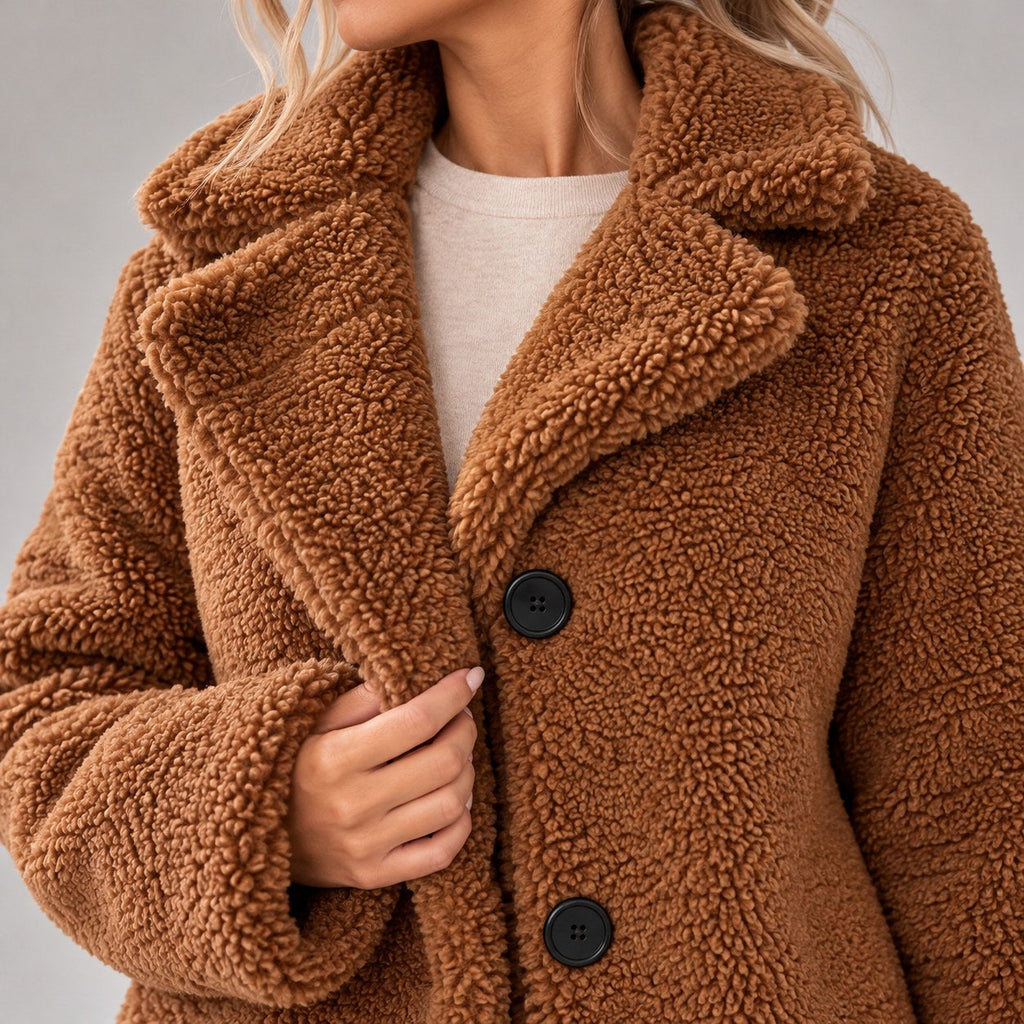 Abrigo de Borreguito para Mujer | Abrigo Teddy Largo con Solapa y Botones