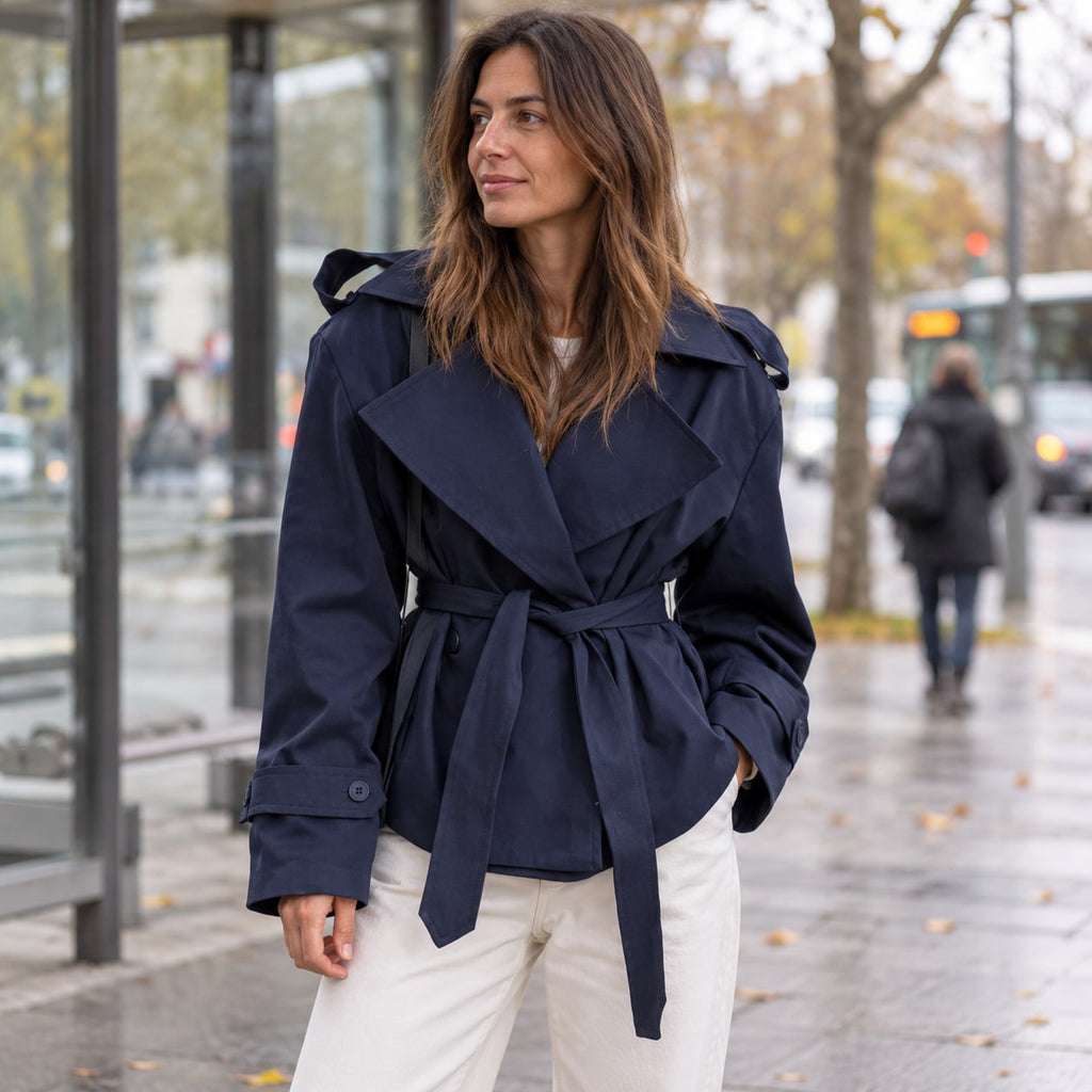 Trench Corto Cruzado para Mujer | Chaquetón de Hombros Anchos con Cordón