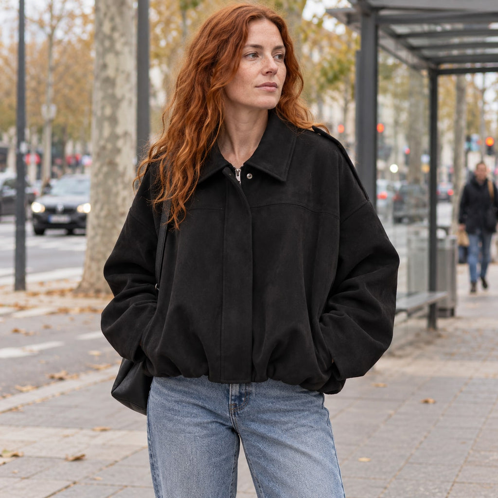 Chaqueta Bomber de Ante Sintético para Mujer | Oversize con Cuello Solapa