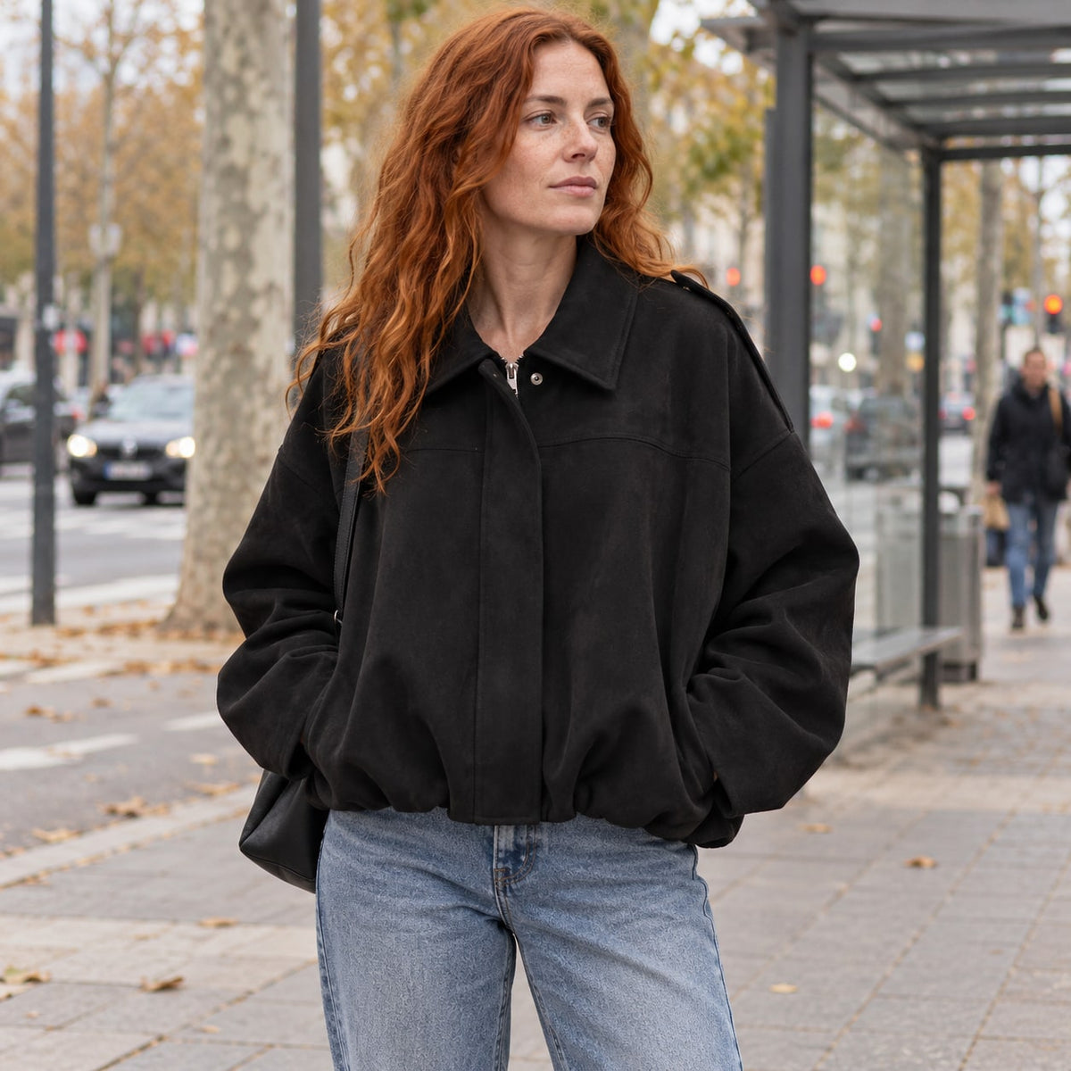 Chaqueta Bomber de Ante Sintético para Mujer | Oversize con Cuello Solapa