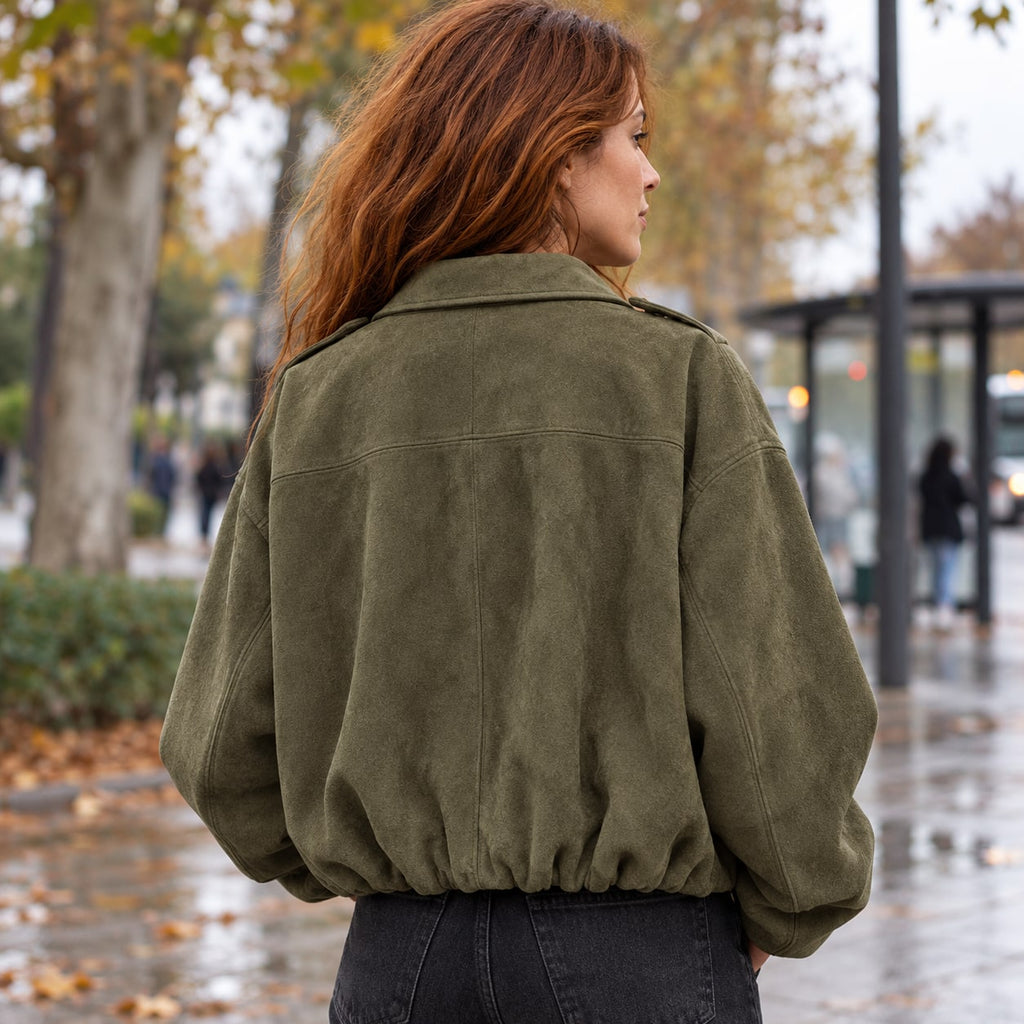Chaqueta Bomber de Ante Sintético para Mujer | Oversize con Cuello Solapa