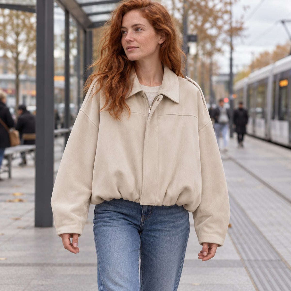 Chaqueta Bomber de Ante Sintético para Mujer | Oversize con Cuello Solapa