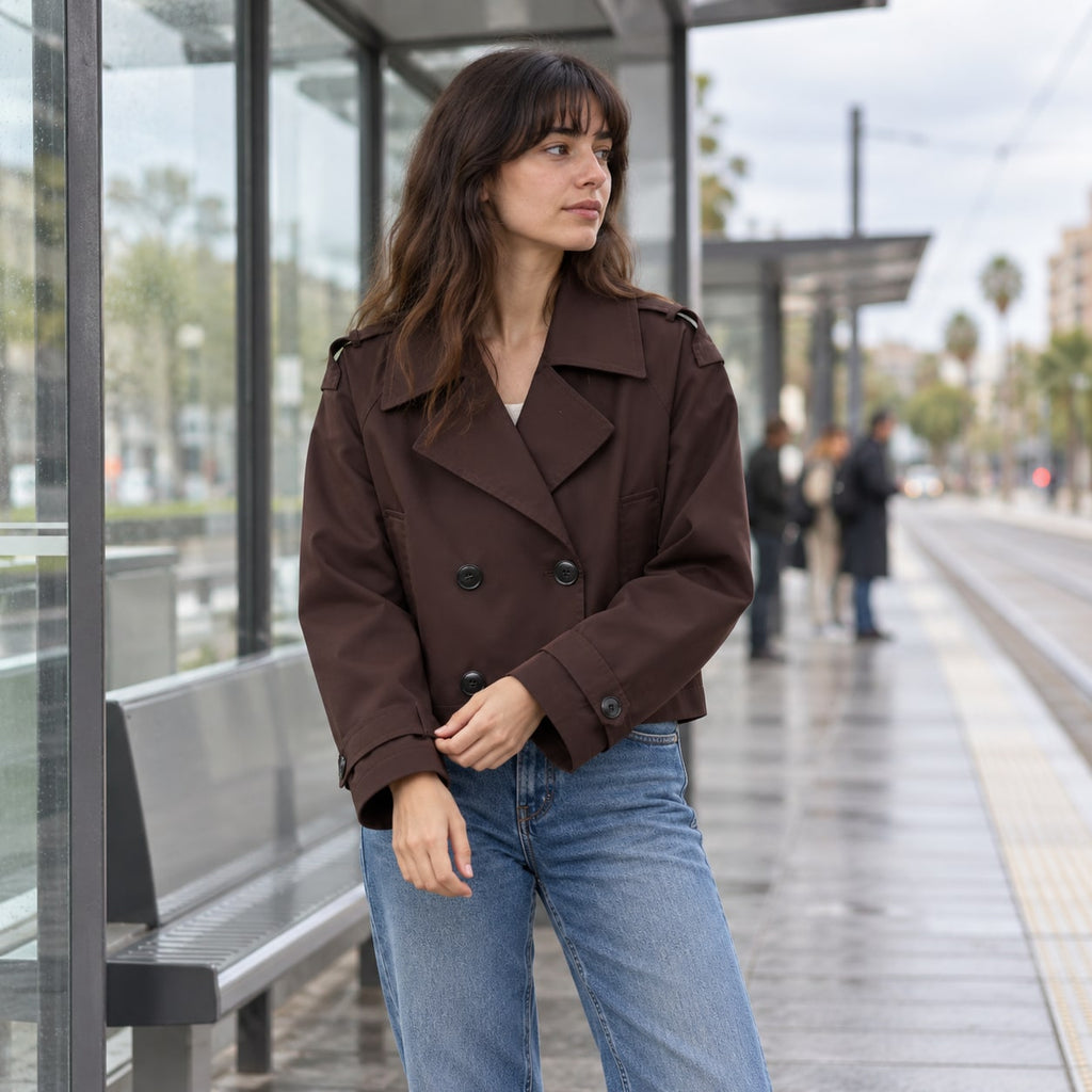 Trench Corto Cruzado para Mujer | Chaquetón Oversize de Manga Larga