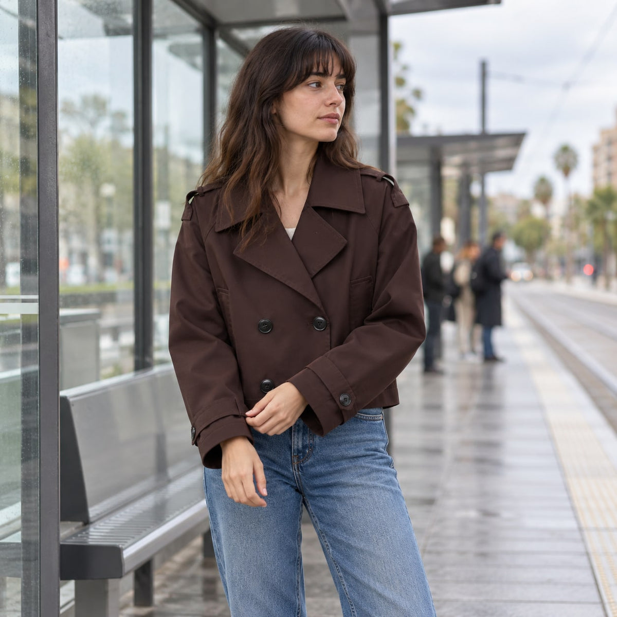 Trench Corto Cruzado para Mujer | Chaquetón Oversize de Manga Larga