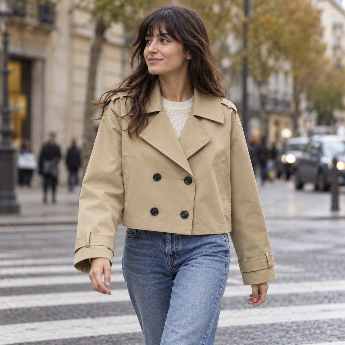 Trench Corto Cruzado para Mujer | Chaquetón Oversize de Manga Larga